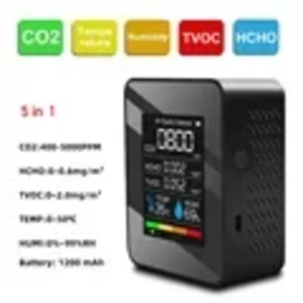 Multifunktionell 5in1 CO2 Mätare Digital Temperatur Fuktighetstestare Koldioxid TVOC HCHO Detektor Luft Kvalitet Monitor