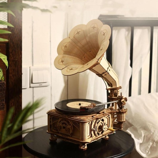 Hand vev Klassisk Gramofon med musik 1:1 424st Trä Modell Byggnadssatser