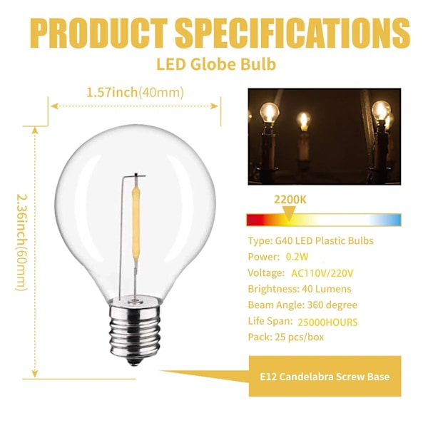 25 stykker G40 1W LED String Lys Erstatning Pære E12 220V Varm Hvit 2200K LED Lamper Bytt 7W Glødelamper Pærer Plast