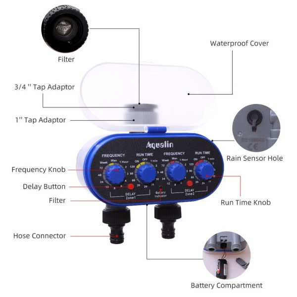 Kugle ventil elektronisk to udtag fire skiver vand timer med regn sensor hul have vanding system