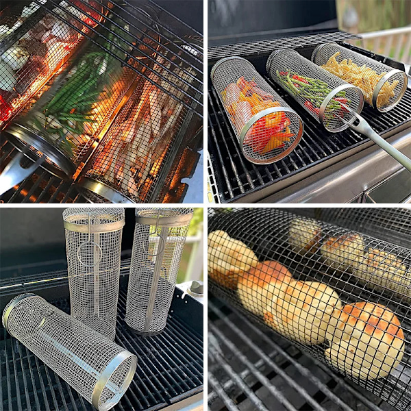 BBQ kurv rustfrit stål rullende grill kurv tråd net cylinder grill kurv