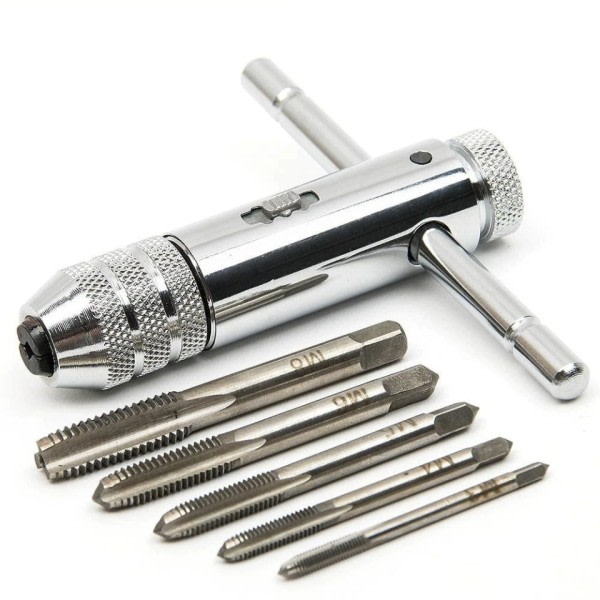 Justerbart Sølv T-håndtak Ratchet Tapp Holder Nøkkel med 5stk M3-M8 3mm-8mm Machine Screw Thread Metric Plug T-formet Tap