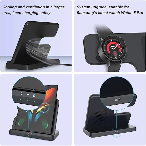 15W 3 In 1 Trådlös Laddare Ställ Snabb laddning Dock Station för Samsung Z Fold 3 S21 S20 Galaxy Watch 5 4 3 Active 2  S3 S4 Buds