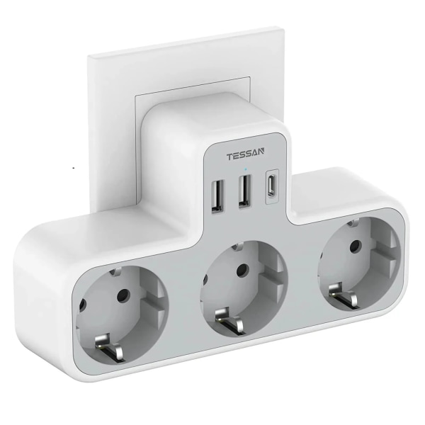Power Strip med 3 AC Uttag +2 USB Portar+ 1 Typ C, 6-in-1 Plug Socket Adapter Wall Laddare