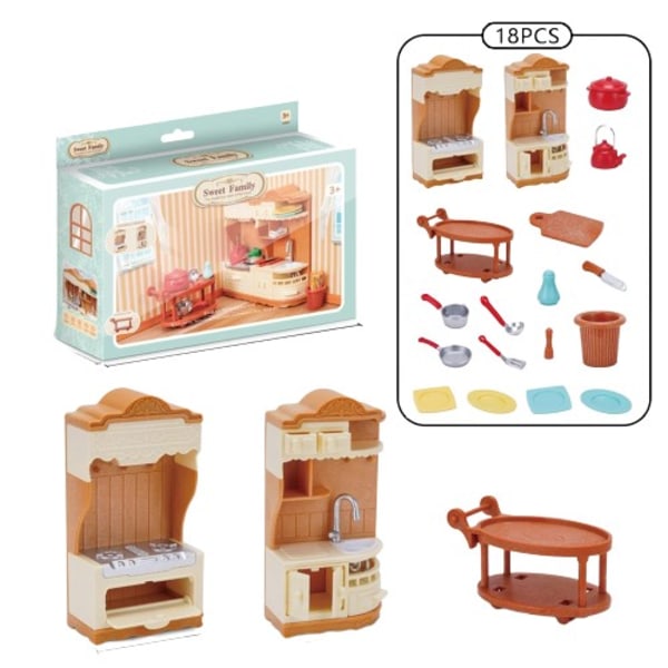 Skov Familie  Køkken møbler badeværelse soveværelse bagegrej sæt miniature model dukkehus tilbehør køleskab