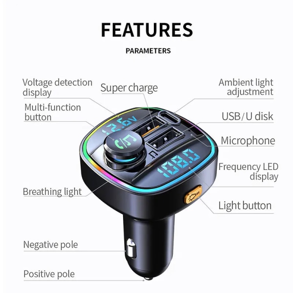 Bluetooth 5.0 FM sender Handsfree Bil Radio Modulator MP3 spiller Med 22.5W USB Super Quick Charge Adapter for Bil