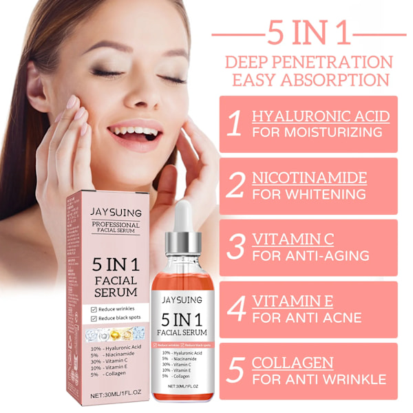 5 In 1 Ansigtsbehandling Serum Fade Fine Linjer Opstrammende Skin Shrink Porer Fugtgivende Ansigt Serum