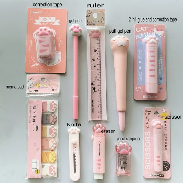 Barn Flicka Rosa Katt Paw Skrivpapper Set Gel Penna Korrektion Tejp Memo kuddar Radergummi Kniv Set