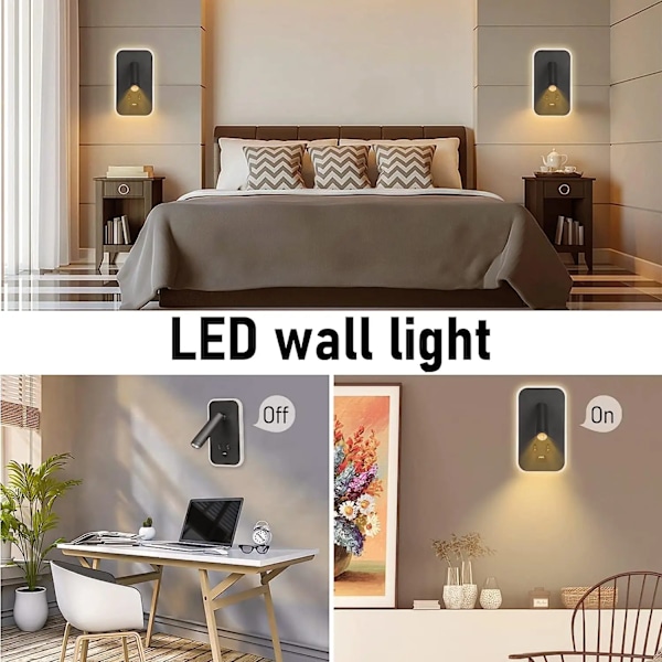 Sengen Vegg Lampe LED Vegg Lys, Vegg Montert Leselys med bryter og USB port
