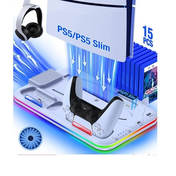 For PS5 Slank Kjøling Stativ med RGB Lys Vifte For PS5 Konsoll Disc&Digital Editions PS5 Kontroller Dobbel Kontroller Lading Dokk