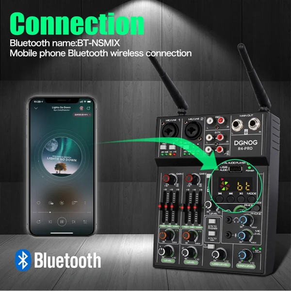 4 Kanals Lyd Mixer med Trådløs Mikrofon USB Lyd Bord Bluetooth Konsol DJ Mixing
