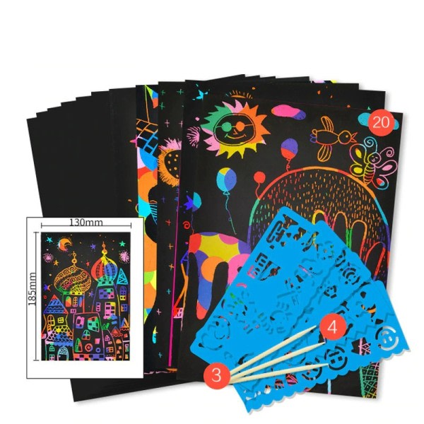 DIY Magic Rainbow Färg Scratch Konst Papper Kort Set Med Graffiti Stencil Teckning Tavla