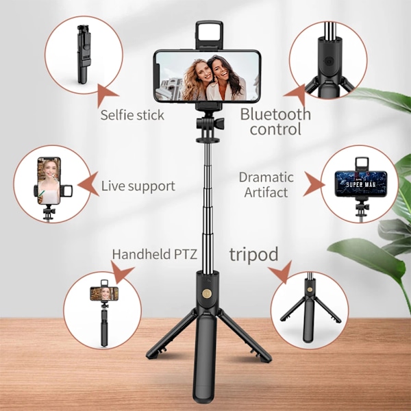 Trådlös Selfie Stick Stativ Stativ med Light Bluetooth Fjärrkontroll Utdragbart Stativ