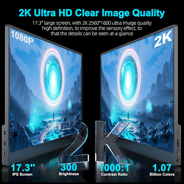 2K 144Hz Portabel Monitor 17,3 tum 2560x1440P IPS Skärm För spel