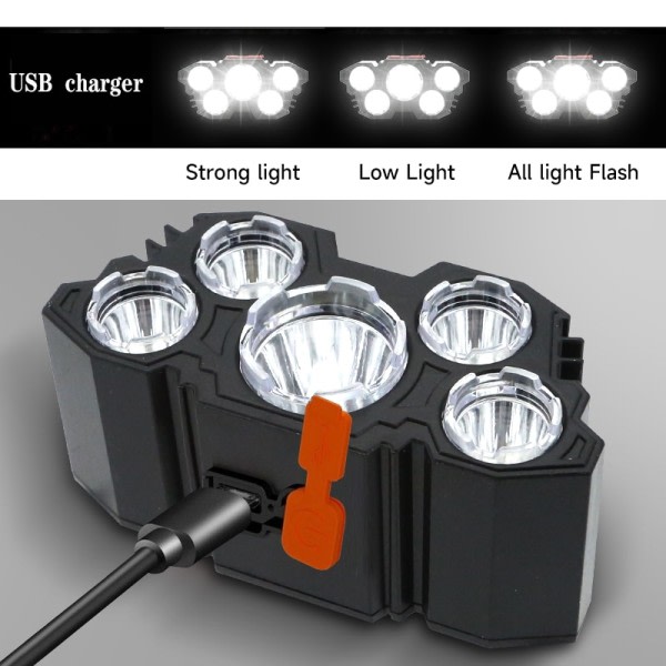 Usb Oppladbart Innebygget Batteri 5 Led Strong Hovedlykt Super Lysst Hodemontert Lommelykt