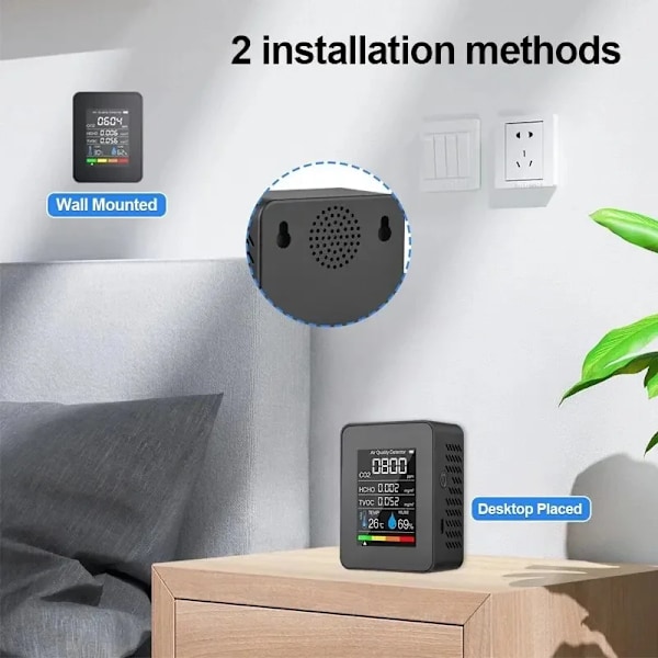 Multifunktionell 5in1 CO2 Mätare Digital Temperatur Fuktighetstestare Koldioxid TVOC HCHO Detektor Luft Kvalitet Monitor
