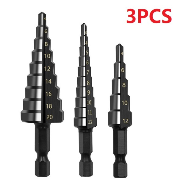 3st HSS Rak Spår Steg Bor Bit Set Titanium Belagd Trä Metall Hål Cutter Kärna Borr Bit Set