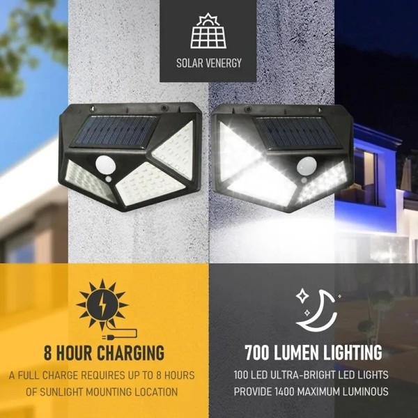 2 Pices 100 LED Solar Vägg Lampa 4 Sider Lysande Med Rörelse Sensor Utomhus Trädgård Gårdsgård Vattentät Vägg Ljus