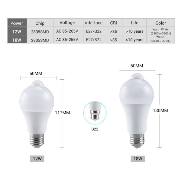 12W PIR Motion Sensor Lys Pære Ampul LED