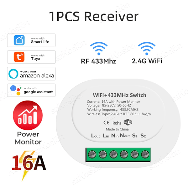 MiNi Smart Switch Med Power Monitor 16A 2-vejs Kontrol Timer