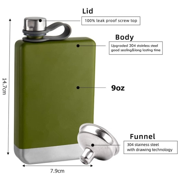 Premium Hip Flask til Whiskey 9oz 304 rustfrit stål Hip Flask med Tragt Lækagesikker Camping Whiskey Flask