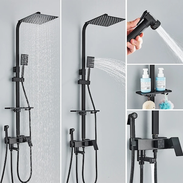 Rozin Regnfall Bad Dusj Kran Sett Med Bidet Blander Kran Svart Vegg Montert Messing Badekar Hytte System Med Rack
