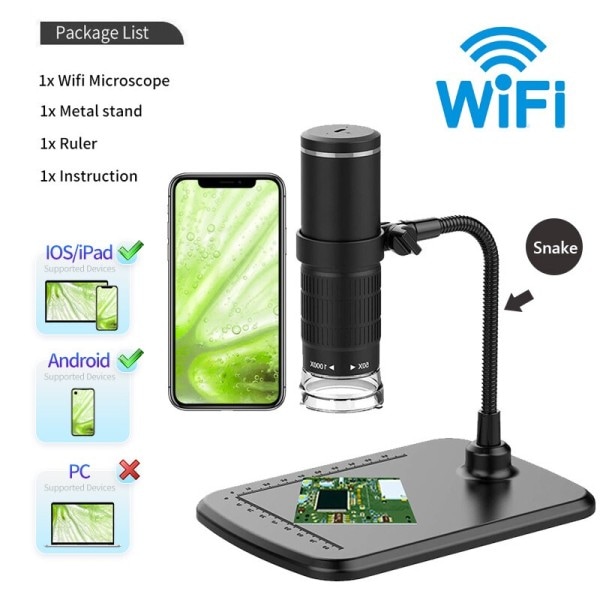Trådlöst Digital Mikroskop 50X-1000X Förstoring Portabel Handhållen USB Mikroskop med Flexibelt Stativ