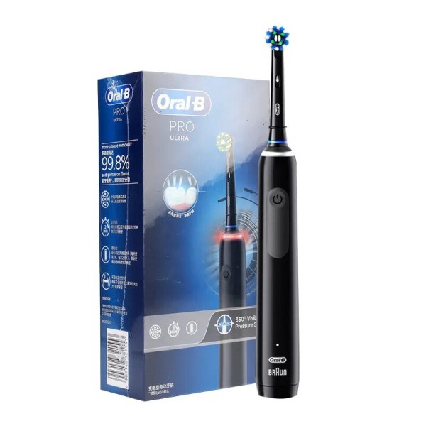 Oral B Pro Ultra Elektrisk Tannbørste Pro 4 Trykk Sensor 48,800 Strokes/Min 2 Min Timer 30s Påminnelse 4 Modi 3 Brush Heads