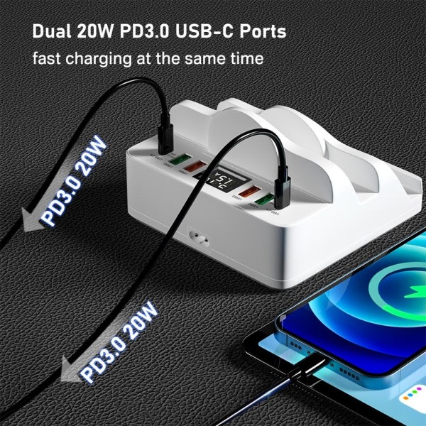 80W 6 porter USB lader stasjon med dobbel trådløs lader stativ hurtiglading 3.0 PD rask lader