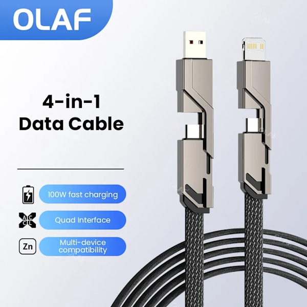2 meter 4 in 1 100W Hurtig Opladning USB Type C Til USB C / Lighting Kabel