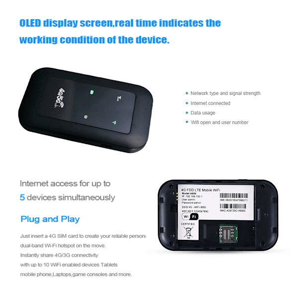 150 Mbps Mobil Hotspot 4G LTE Router Pocket WiFi Router Trådløst Modem med SIM Card Slot