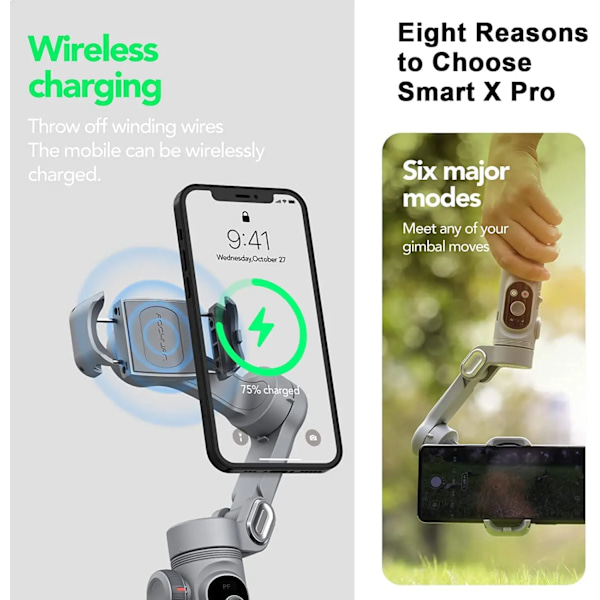Handhållen Gimbal Stabilisator 3-Axis Smart X Pro Professional för Smartphone Trådlös Laddning OLED Display LED Ljus Fokus Hjul