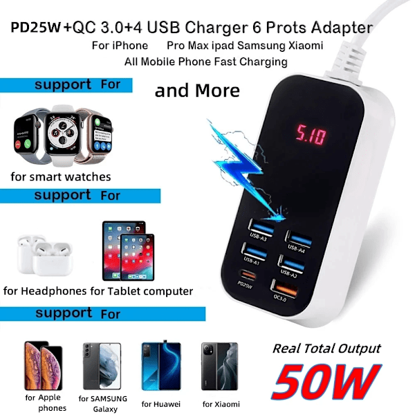 50W flera portar USB laddare PD25W Typ C QC3.0 snabb laddning skrivbord vägg ström adapter telefon UK EU US Korea plugg snabb laddning
