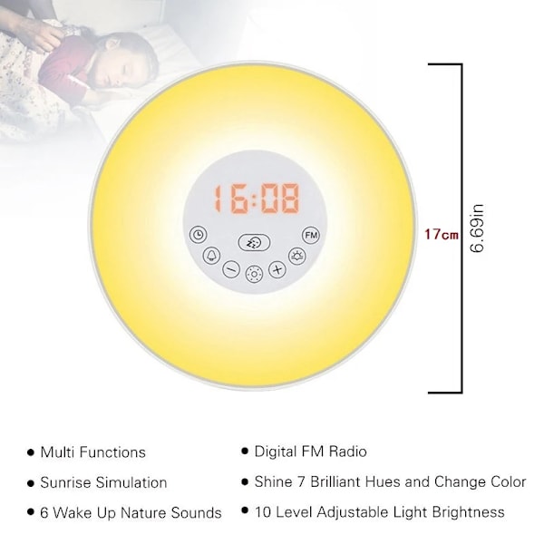 Sunrise/Sunset Simulation Lysende Digitalt Ur med FM Radio