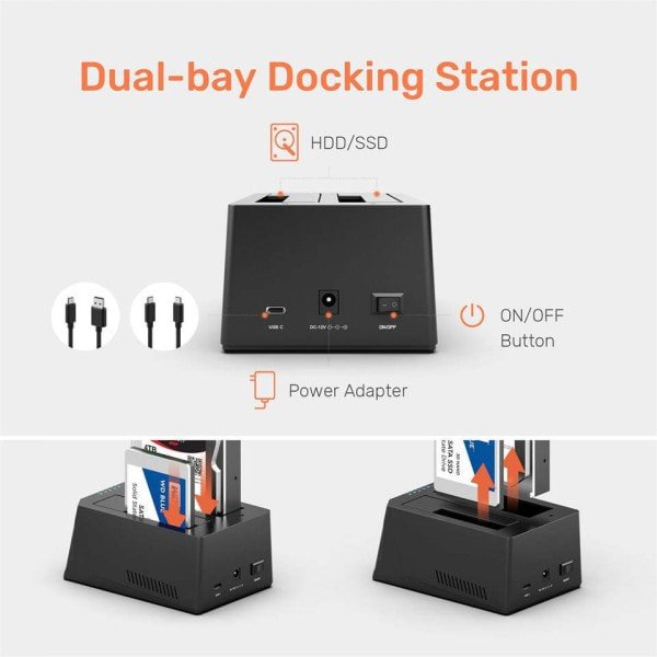 Dual Bay SSD Hard Drive Dokking Stasjon USB C to SATA HDD Docking Station