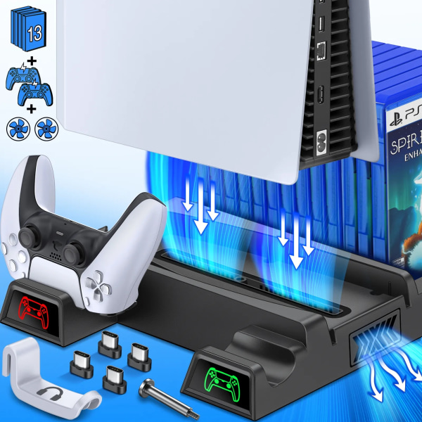 Vertikal kylning ställ för PS5 kontroller laddare med LED fläkt för SONY Playstation 5 Digital / PS5 Disc Edition Console