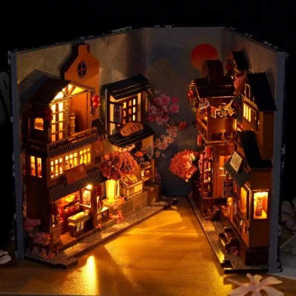 Miniature bogstøtte træ bog krog hylde indsats kit eventyr fortælling by skov hus