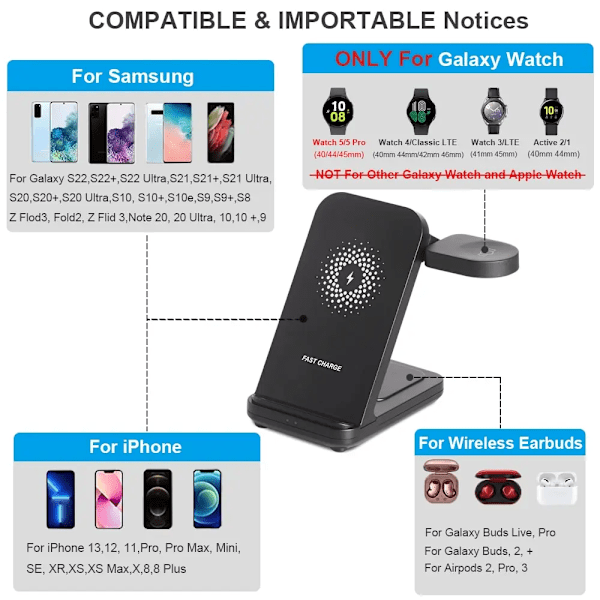Trådlösa laddare 3 i 1 för Galaxy klocka 5 Pro snabb laddning station för Samsung Galaxy klocka
