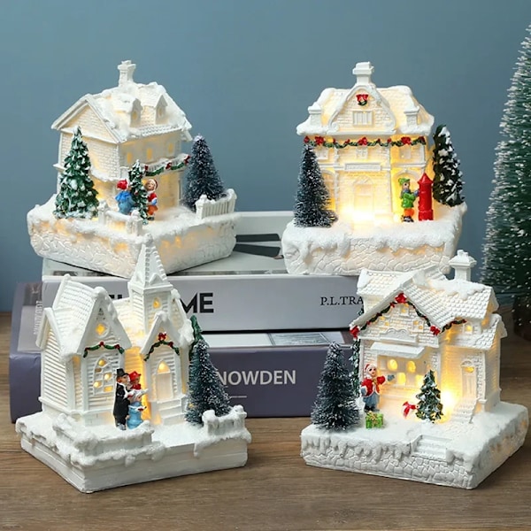Jul Landsby Hvid Lækkert Hus  Bygning Ferie Dekorationer Harpiks Jule Træ Ornament