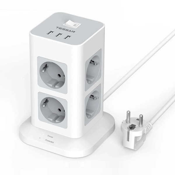 Tower Power Strip Multi Uttag med USB, 2M Förlängningskabel EU kontakt Vertikal Elektrisk Socket Överspänningsskydd för hem