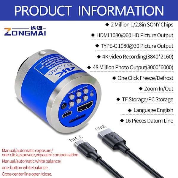 1080P 4K FULL HD Industriell Mikroskop C-Mount Digital Kamera Via Typ Mätning