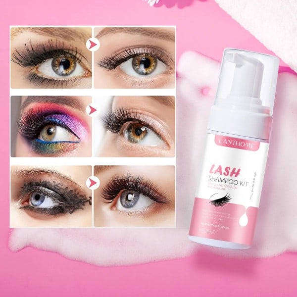 100ml Vippeforlengelse Shampo Sminke Rask Fjerning Skummende Dyp rensende vippe lim kit med 2 børster