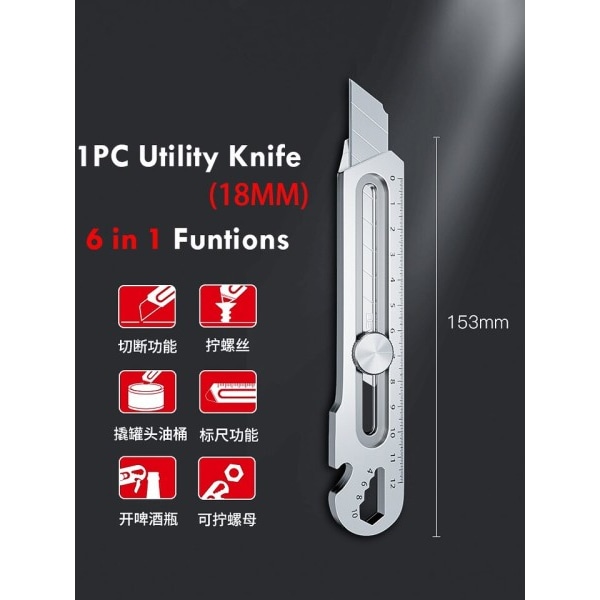 Aluminium Legering 6 i 1 Ficka Utility Kniv Multifunktionell Heavy Duty Låda Cutter