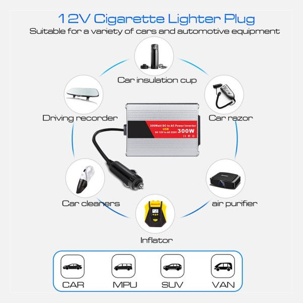 300W DC 12V til 220V AC Strøm Inverter Konverter med USB Bil Adapter Auto Oplader Konverter Bil Power Inverter