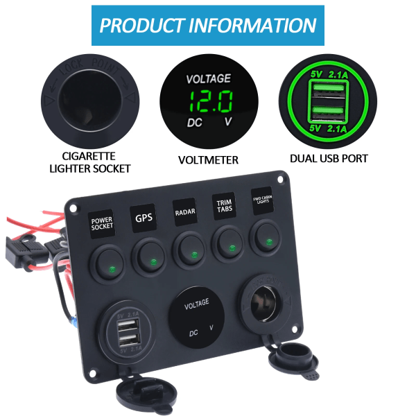 LED Rocker Switch Panel Med Digital Voltmeter Dual USB Port 12V Outlet Combination Vandproof Switches