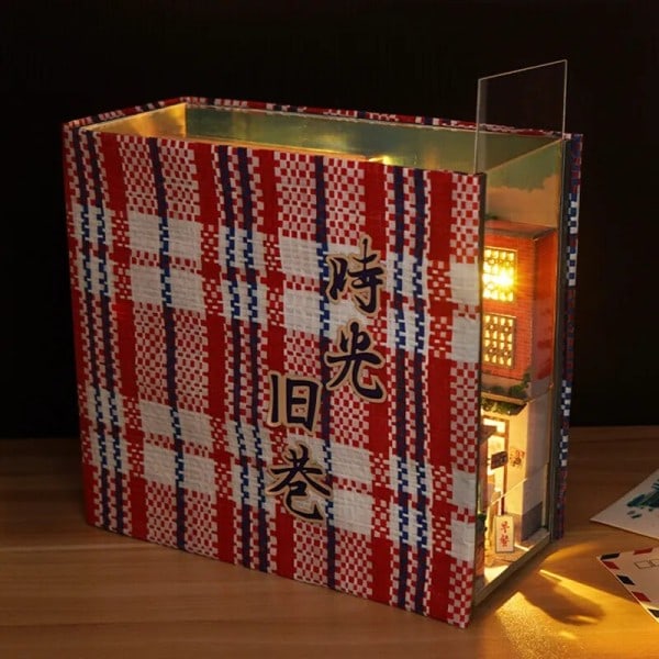 Miniature bogstøtte træ bog krog hylde indsats kit eventyr fortælling by skov hus