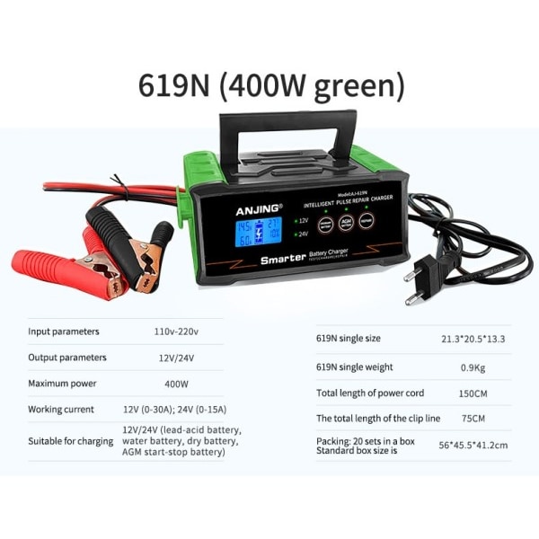 400W 12V-24V Bil Batteri Oplader Høj Power Smart Batteri Oplader