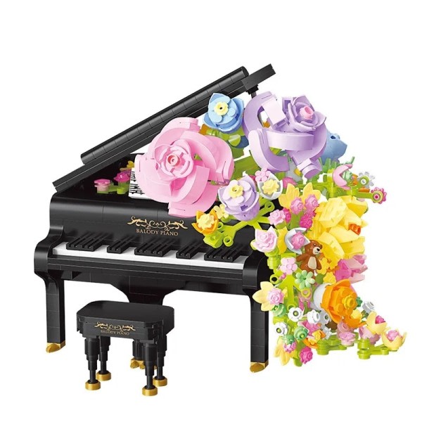 Piano tegelstenar fiol musikal instrument blomma byggklossar mini med ljus hem inredning leksaker för barn