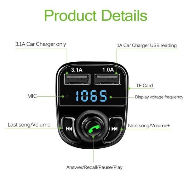 Bil Bluetooth 5.0 lader USB grensesnitt FM modulasjon sender U kort MP3 spiller
