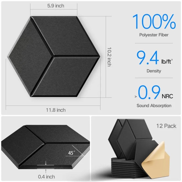 12 Pak Sekskantet Selvklæbende Akustik paneler lydsikker skum paneler